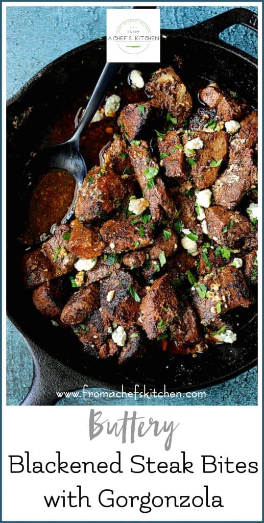 Pinterest graphic for Buttery Blackened Steak Bites with Gorgonzola showing them in a cast iron skillet.