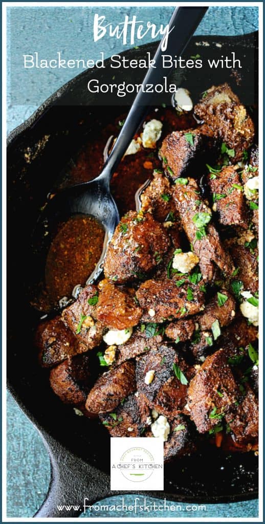 Pinterest graphic for Buttery Blackened Steak Bites with Gorgonzola showing them in a cast iron skillet.