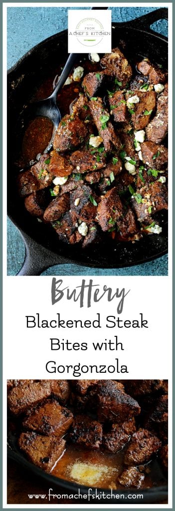 Pinterest graphic for Buttery Blackened Steak Bites with Gorgonzola showing two images of them in a cast iron skillet.