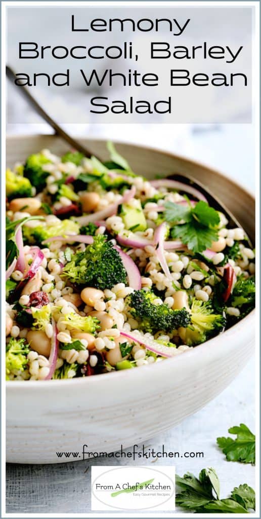 Pinterest graphic for Lemony Broccoli, Barley and White Bean Salad showing it in a white serving bowl with serving spoon.