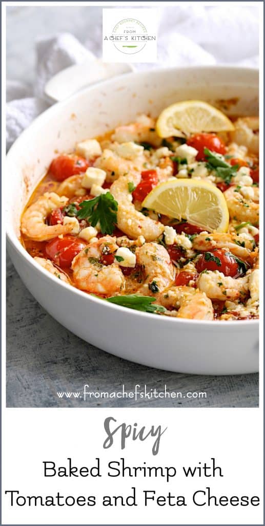 Pinterest graphic for Spicy Baked Shrimp with Tomatoes and Feta Cheese showing it in a round white baking dish.