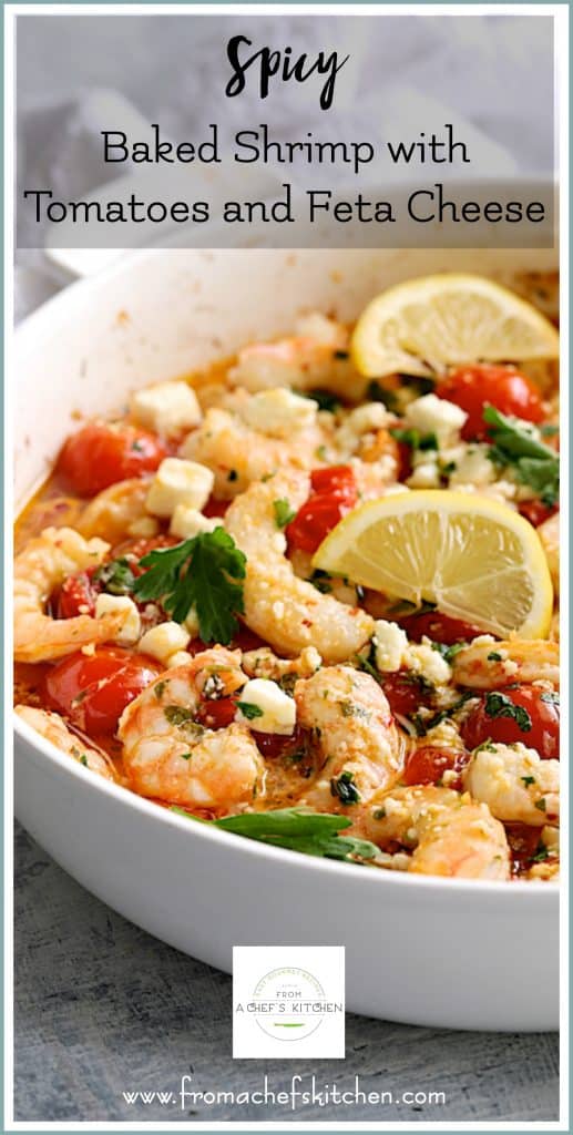 Pinterest graphic for Spicy Baked Shrimp with Tomatoes and Feta Cheese showing it in a round white baking dish.