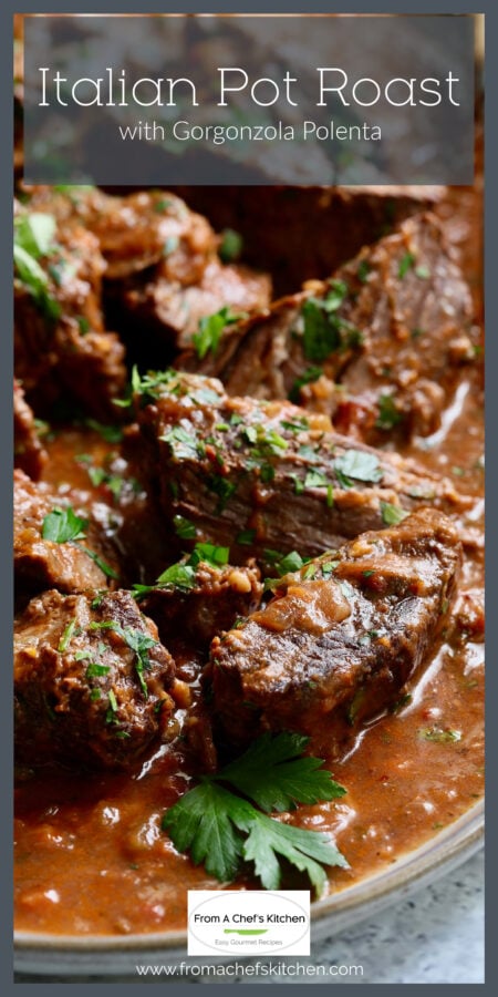 Italian Pot Roast on gray-rimmed platter garnished with fresh parsley.