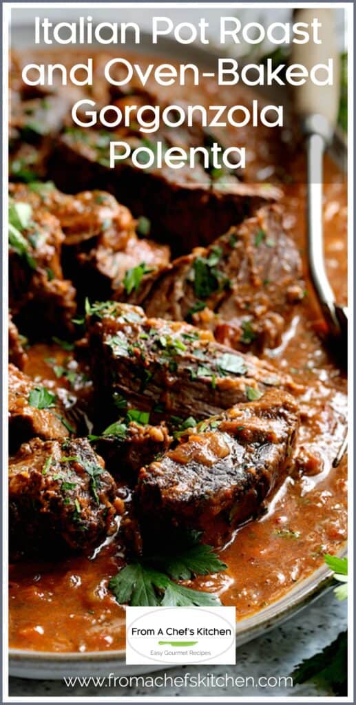 Italian Pot Roast on gray-rimmed platter garnished with fresh parsley.