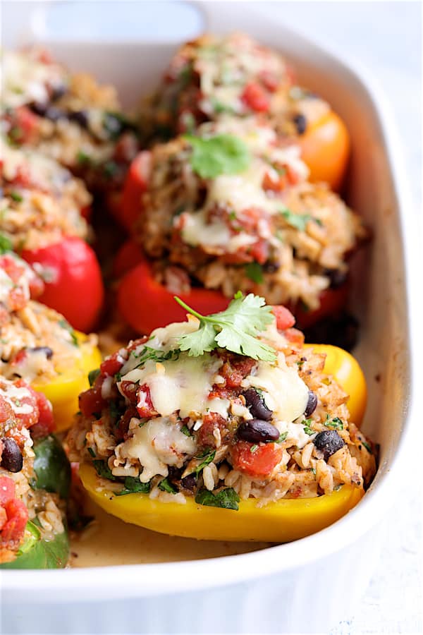 Close-up photo of Chicken, Rice and Black Bean Stuffed Peppers garnished with cilantro.