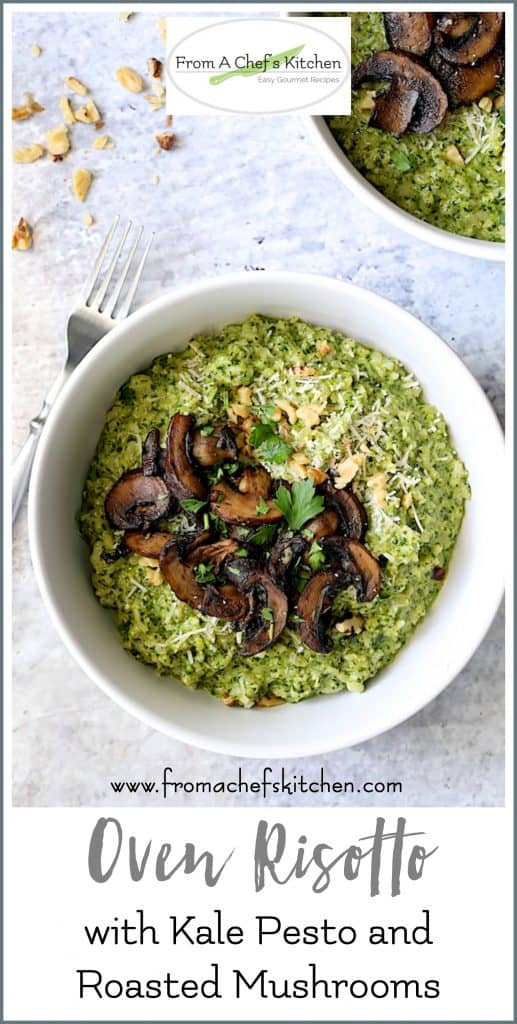 Pinterest graphic for Oven Risotto with Kale Pesto and Pesto and Roasted Mushrooms showing one serving in a white bowl.