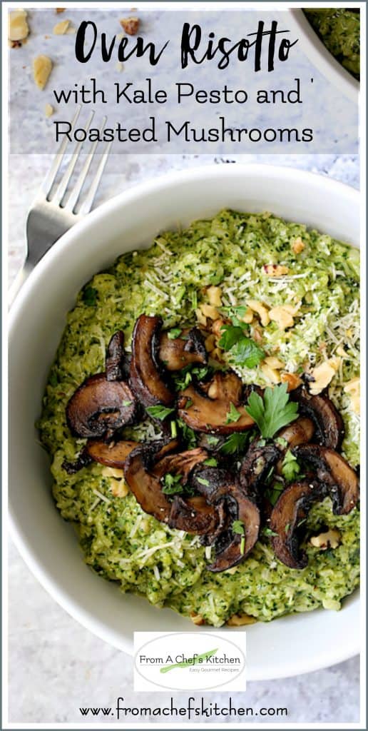 Pinterest graphic for Oven Risotto with Kale Pesto and Pesto and Roasted Mushrooms showing one serving in a white bowl.
