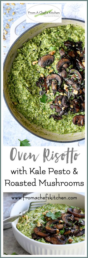 Pinterest graphic for Oven Risotto with Kale Pesto and Pesto and Roasted Mushrooms showing one serving in a white bowl and in a white enamel cast iron skillet.
