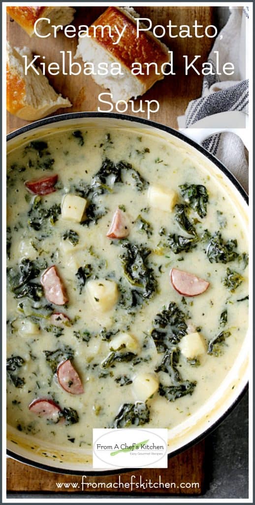 Pinterest graphic for Creamy Potato, Kielbasa and Kale Soup showing it in a white enamel cast iron skillet.
