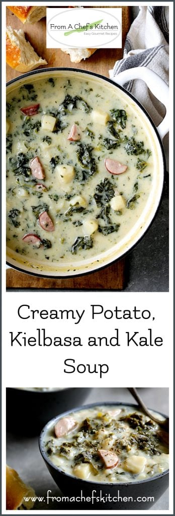 Pinterest graphic for Creamy Potato, Kielbasa and Kale Soup showing it in a white enamel cast iron skillet and another image of one serving in a gray bowl.
