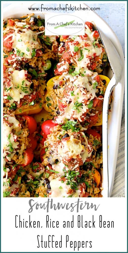 Pinterest graphic for Southwestern Chicken, Rice and Black Bean Stuffed Peppers showing them up close in a white baking dish.