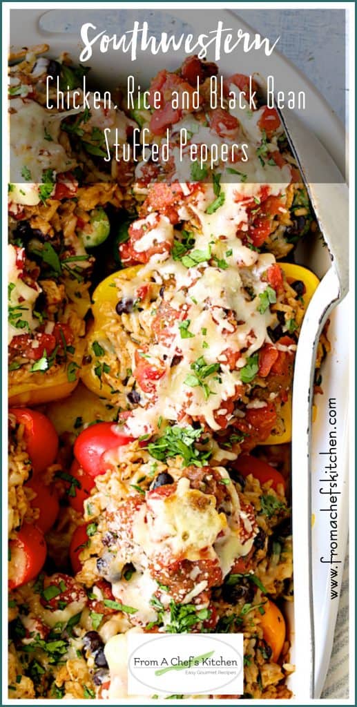 Pinterest graphic for Southwestern Chicken, Rice and Black Bean Stuffed Peppers showing them up close in a white baking dish.