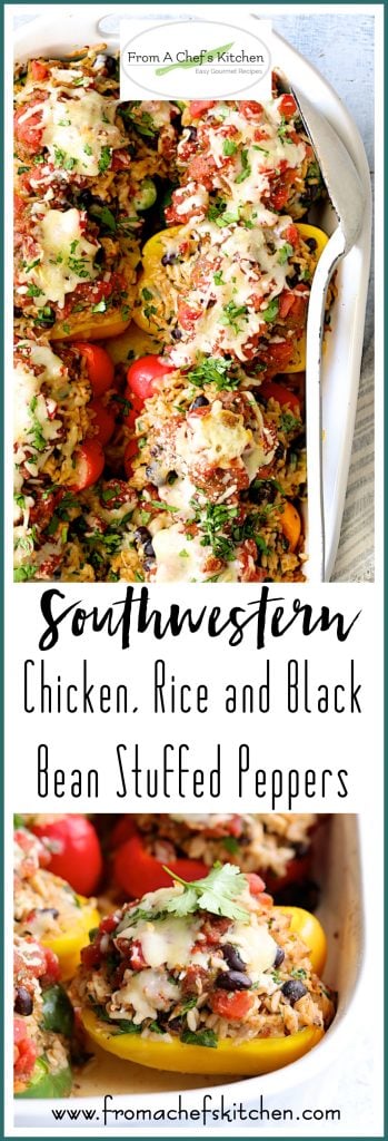 Pinterest graphic for Southwestern Chicken, Rice and Black Bean Stuffed Peppers showing them up close in a white baking dish.