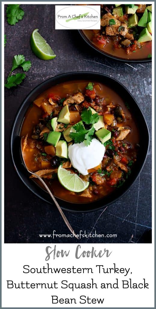 Pinterest graphic for Slow Cooker Southwestern Turkey, Butternut Squash and Black Bean Stew showing one serving in a black bowl.