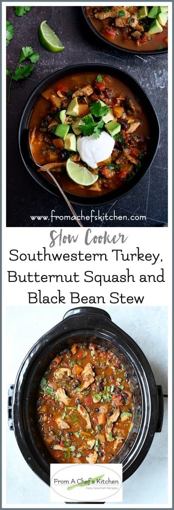 Pinterest graphic for Slow Cooker Southwestern Turkey, Butternut Squash and Black Bean Stew showing two images with one serving in a black bowl and another in the slow cooker.