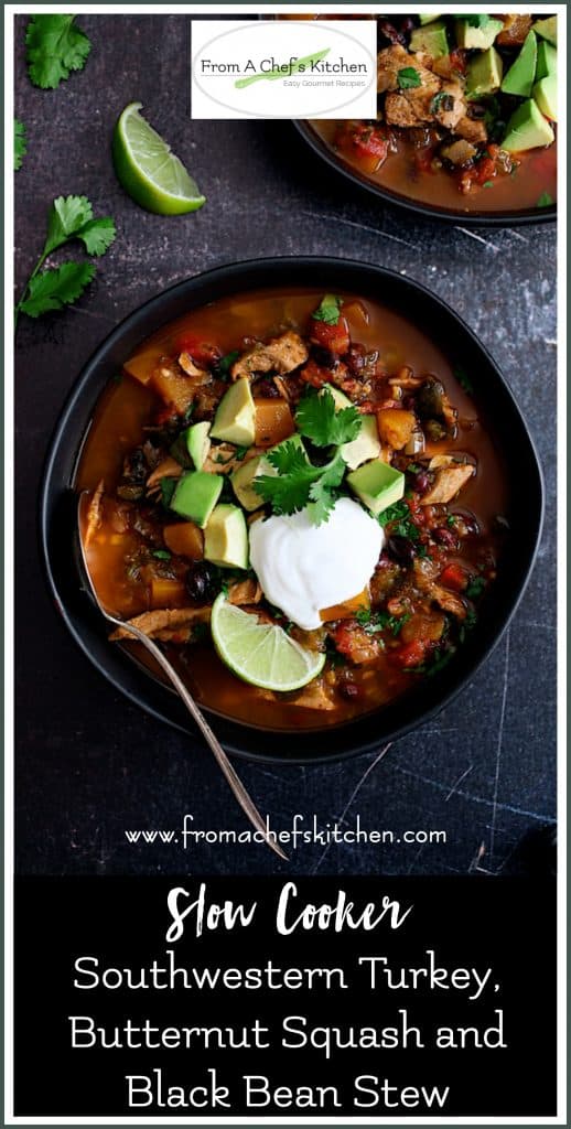 Pinterest graphic for Slow Cooker Southwestern Turkey, Butternut Squash and Black Bean Stew showing one serving in a black bowl.