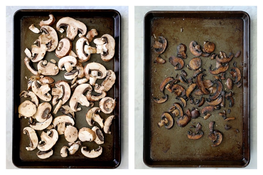Collage of two photos with fresh mushrooms and roasted mushrooms.