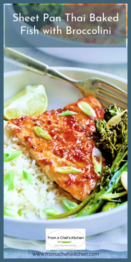 Thai-glazed fish with white rice and broccolini in white bowl.