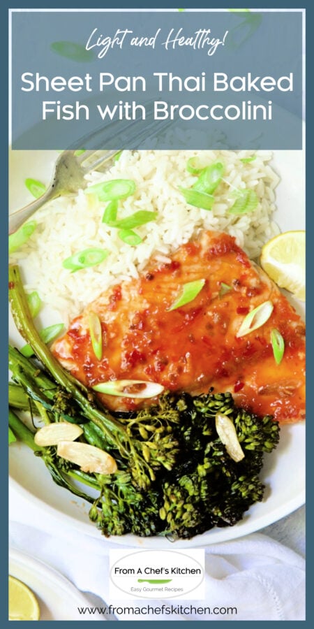 Thai-glazed fish with broccolini and rice in white bowl.