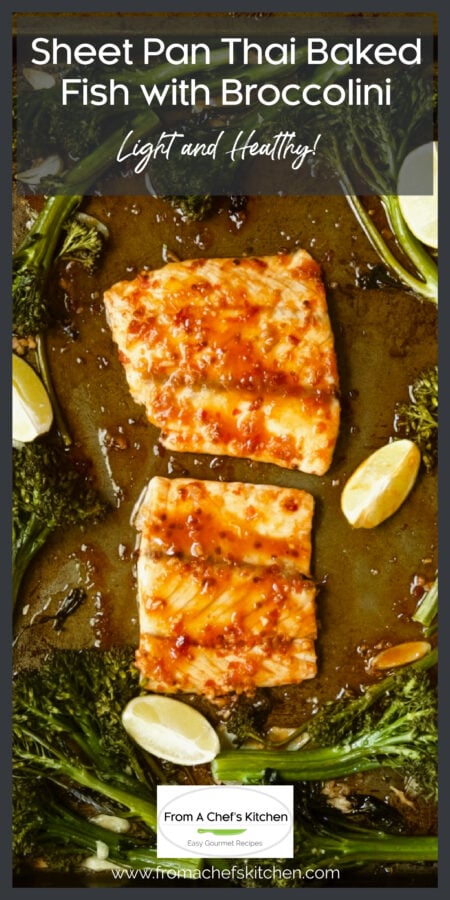 Two pieces of Thai glazed fish with broccolini.