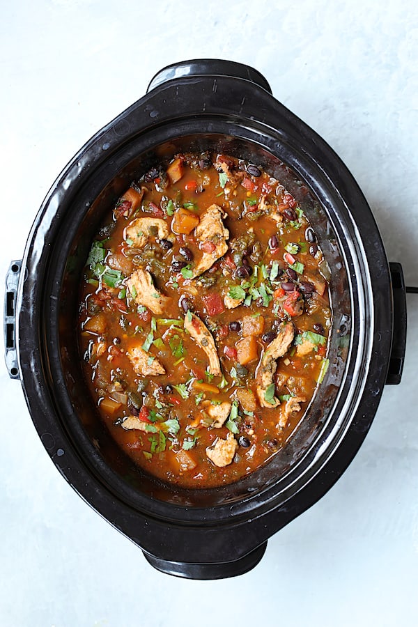 Slow Cooker Southwestern Turkey, Butternut Squash and Black Bean Stew - Overhead shot of finished stew in slow cooker