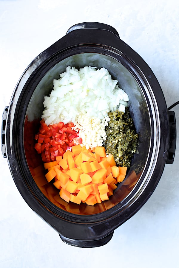 Overhead shot of some of the ingredients for stew in slow cooker
