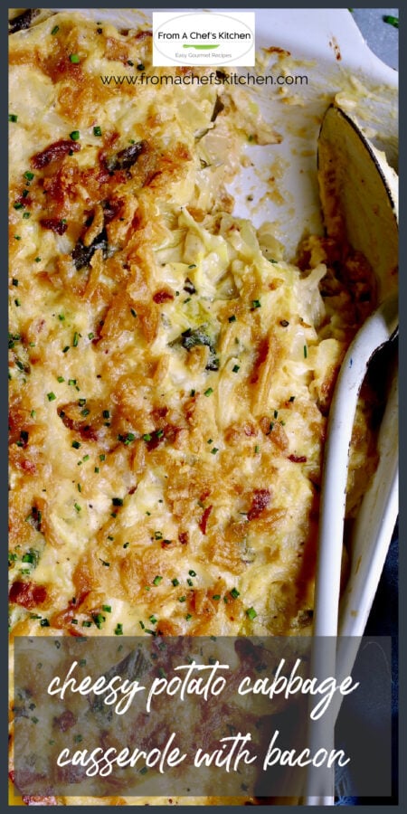 Potato Cabbage Casserole with Cheddar and Bacon in white rectangular baking dish with vintage serving spoon.