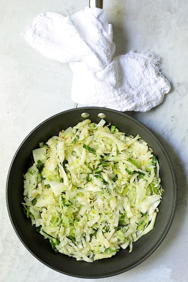 Photo of sauteed cabbage in nonstick skillet.