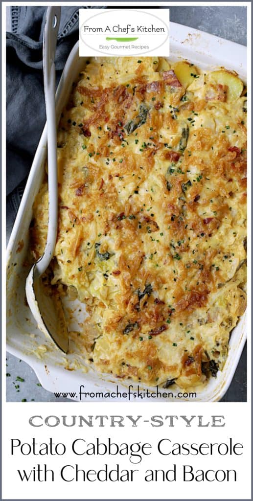 Pinterest graphic for Potato Cabbage Casserole showing it in a white rectangular baking dish with a serving removed.