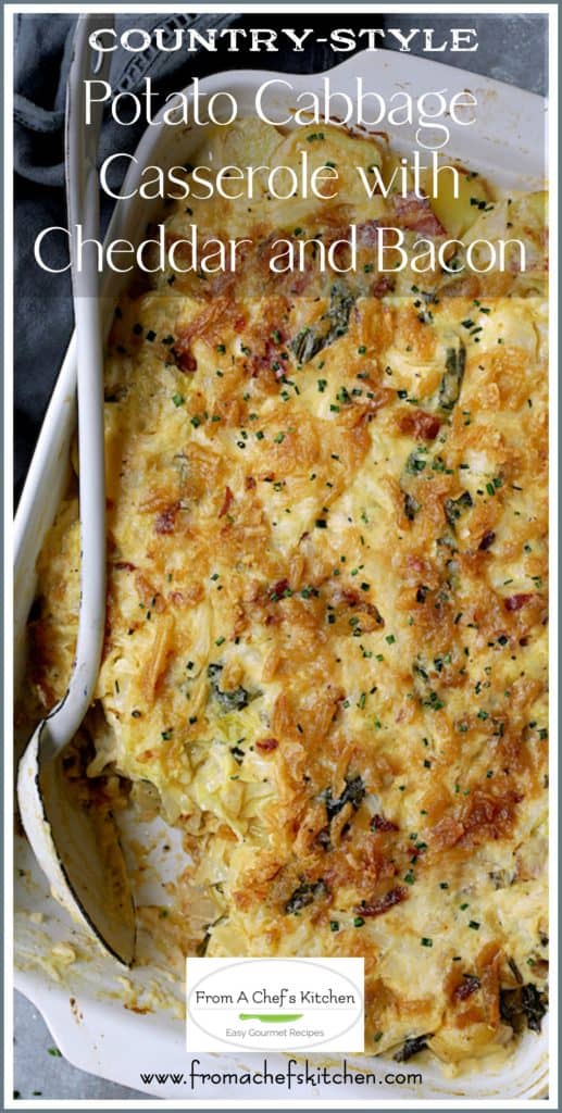 Pinterest graphic for Potato Cabbage Casserole showing it in a white rectangular baking dish with a serving removed.