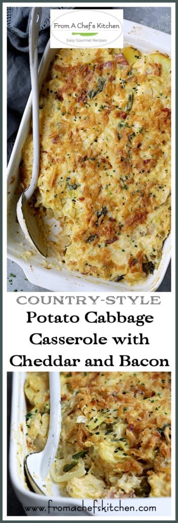 Pinterest graphic for Potato Cabbage Casserole showing it in a white rectangular baking dish with a serving removed.