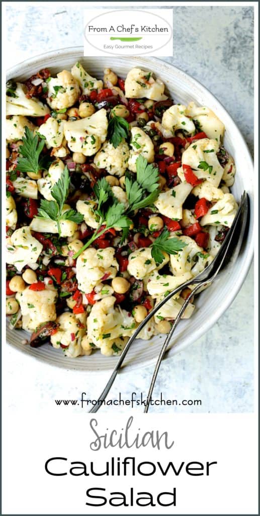 Pinterest graphic for Sicilian Cauliflower Salad showing it in a white serving bowl with serving utensils.