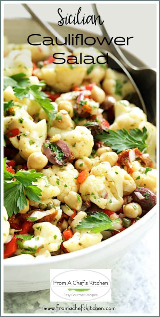 Pinterest graphic for Sicilian Cauliflower Salad showing it in a white serving bowl with serving utensils.