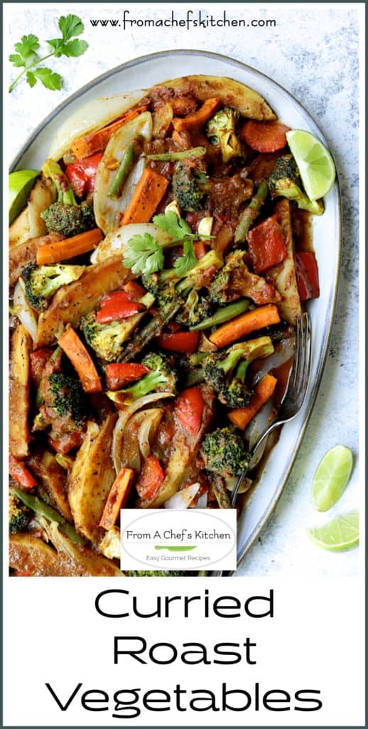 Pinterest graphic for Curried Roast Vegetables showing them on a large oval gray platter.