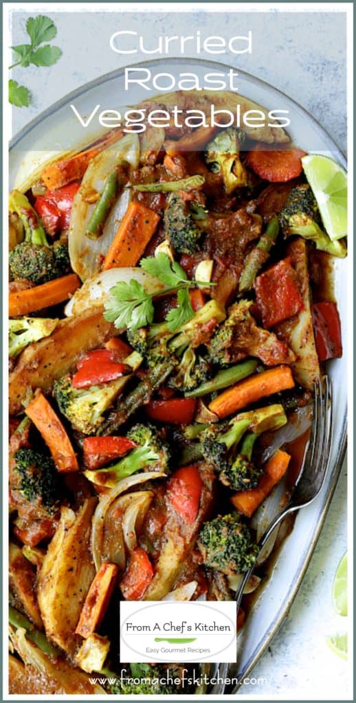 Pinterest graphic for Curried Roast Vegetables showing them on a large oval gray platter.