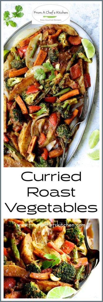 Pinterest graphic for Curried Roast Vegetables showing them on a large oval gray platter.