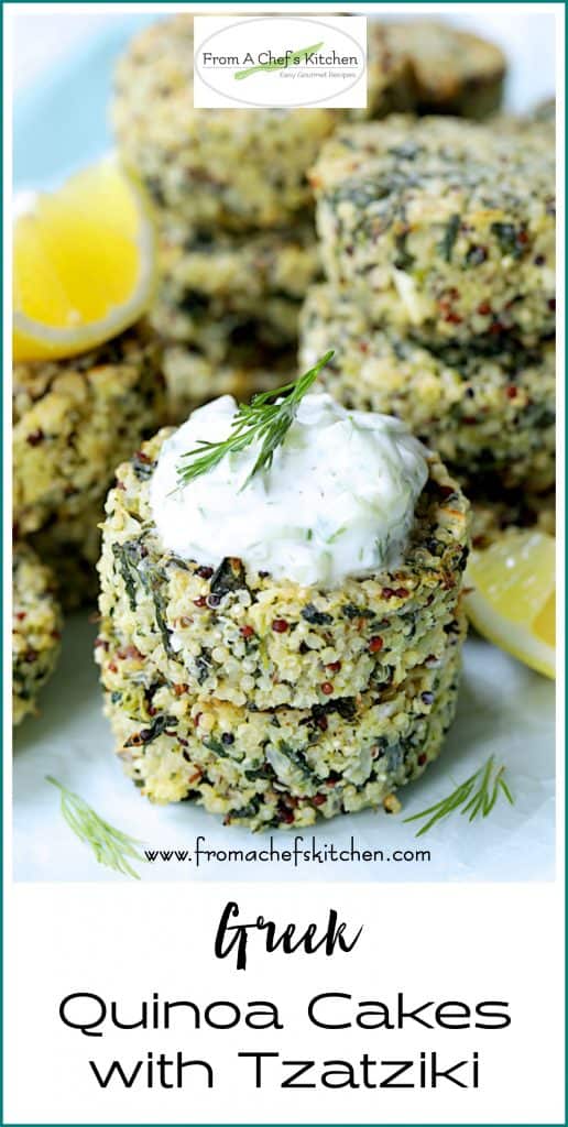 Pinterest graphic for Greek Quinoa Cakes with Tzatziki showing them stacked and garnished with dill sprigs.