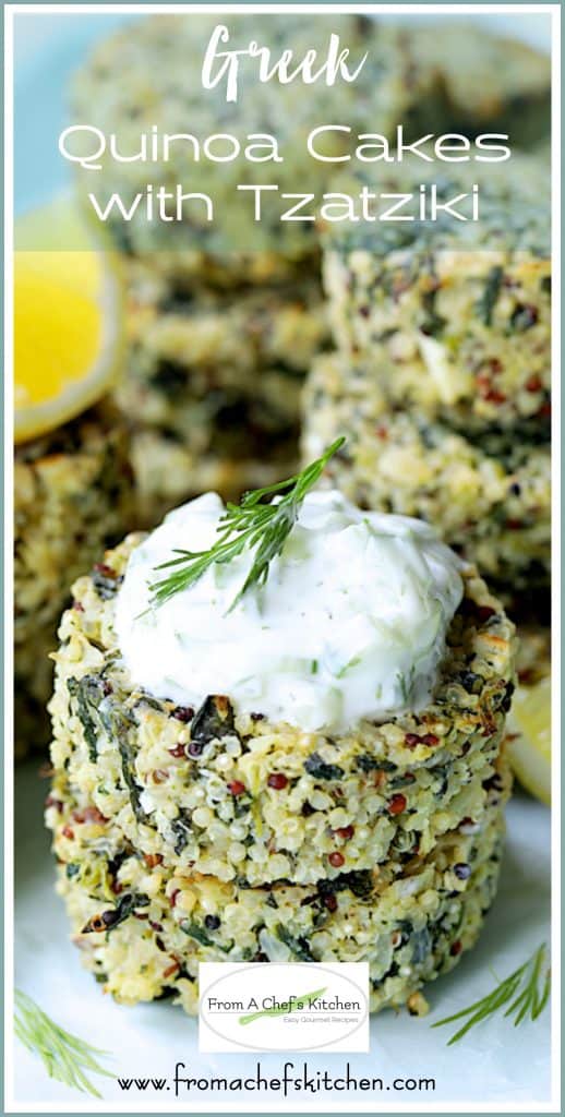 Pinterest graphic for Greek Quinoa Cakes with Tzatziki showing them stacked and garnished with dill sprigs.