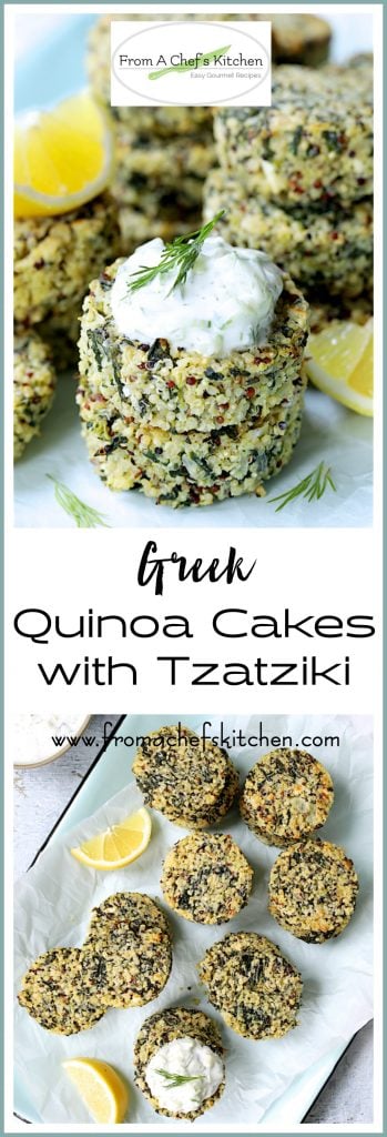 Pinterest graphic for Greek Quinoa Cakes with Tzatziki showing them stacked and garnished with dill sprigs.