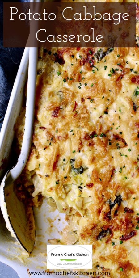 Pinterest graphic for Potato Cabbage Casserole showing it in white rectangular baking dish.