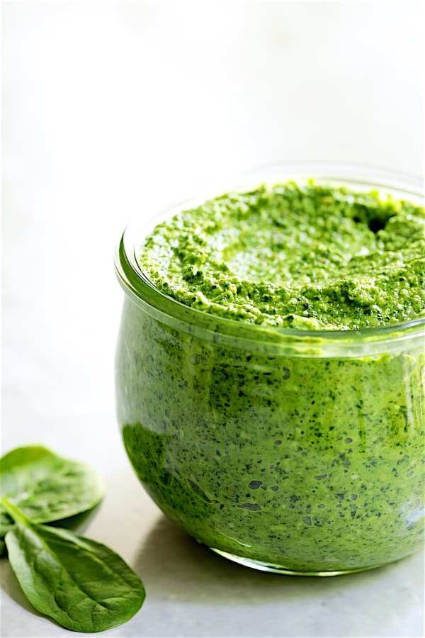 Photo of Spinach Pecan Pesto in glass jar.