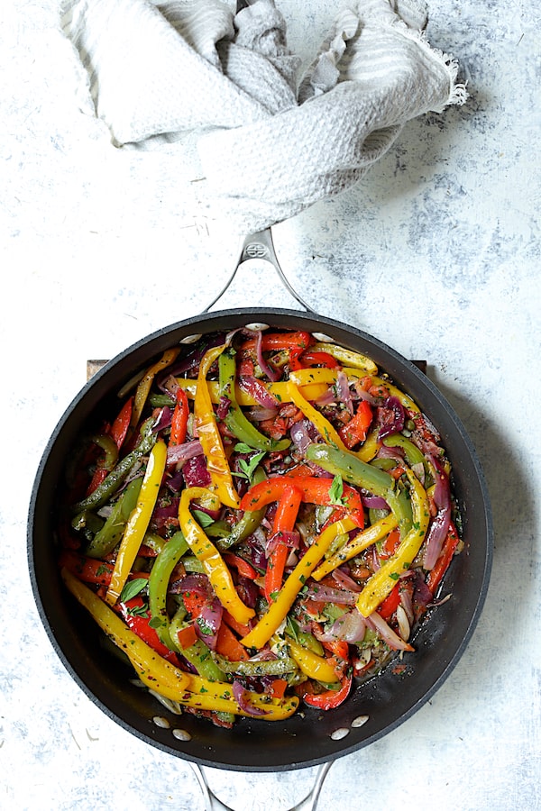 Photo of peperonata in nonstick skillet.