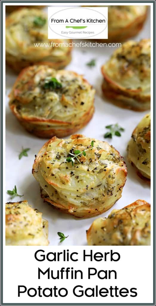 Pinterest graphic for Garlic Herb Muffin Pan Potato Galettes.