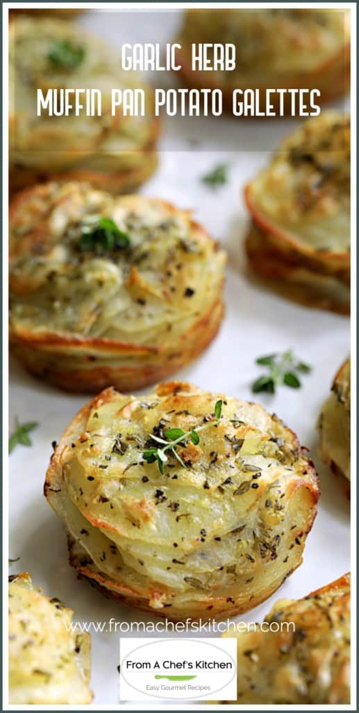 Pinterest graphic for Garlic Herb Muffin Pan Potato Galettes.