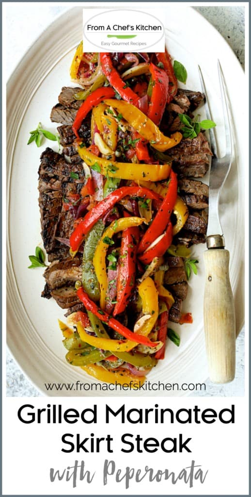 Pinterest graphic for Grilled Marinated Skirt Steak with Peperonata showing it on a white platter with meat fork.