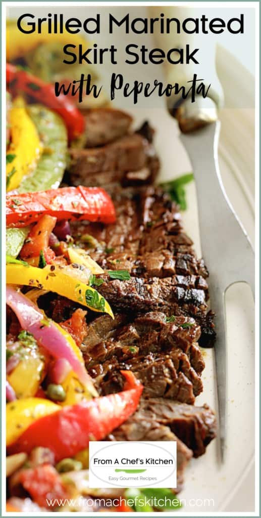 Pinterest graphic for Grilled Marinated Skirt Steak with Peperonata showing it on a white platter with meat fork.