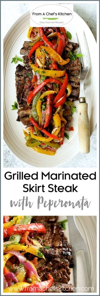 Pinterest graphic for Grilled Marinated Skirt Steak with Peperonata showing it on a white platter with meat fork.