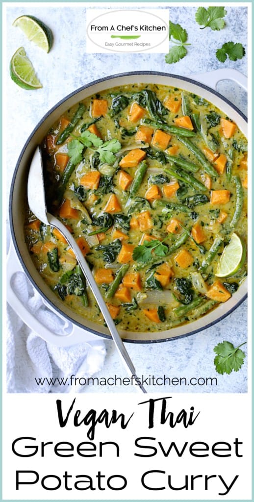 Pinterest graphic for Vegan Thai Green Sweet Potato Curry showing it in a white enamel cast iron skillet with white serving spoon.