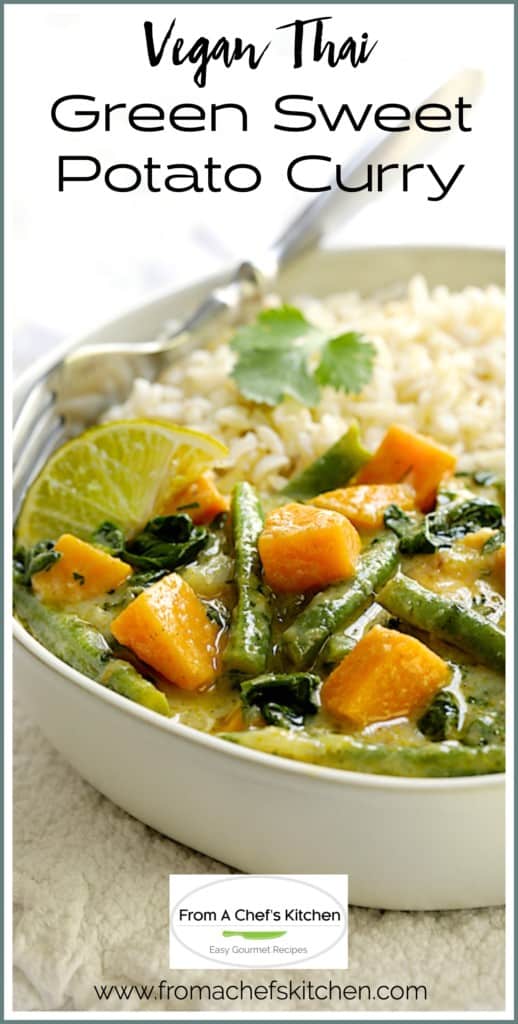 Pinterest graphic for Vegan Thai Green Sweet Potato Curry showing one serving in a bowl.