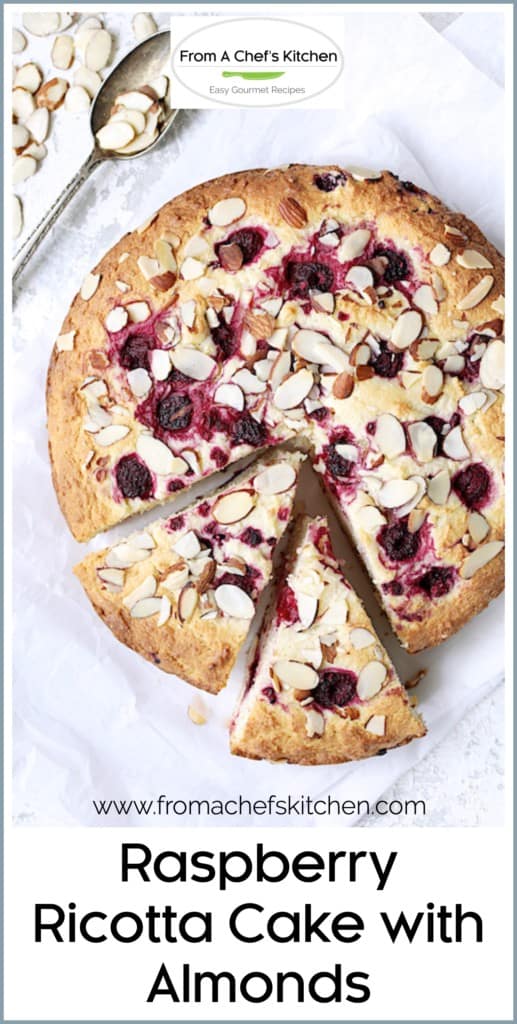 Pinterest graphic for Raspberry Ricotta Cake with Almonds showing two wedges cut from the whole cake.